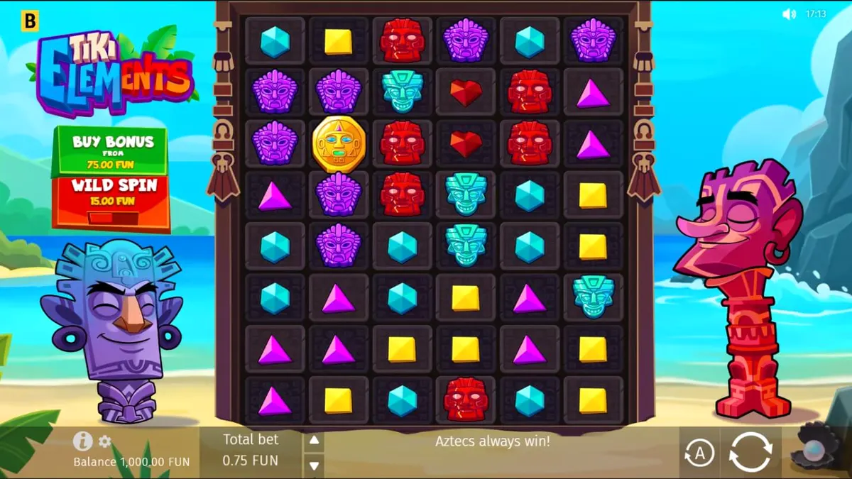Tiki Elements slot game interface with tropical theme